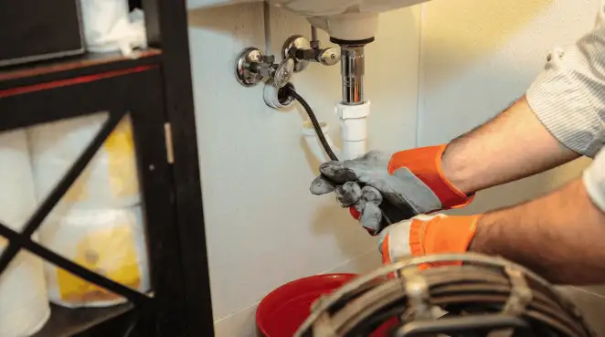 Drain cleaning technician using a motorized plumbing snake to clear a clogged sink pipe in Savannah, GA